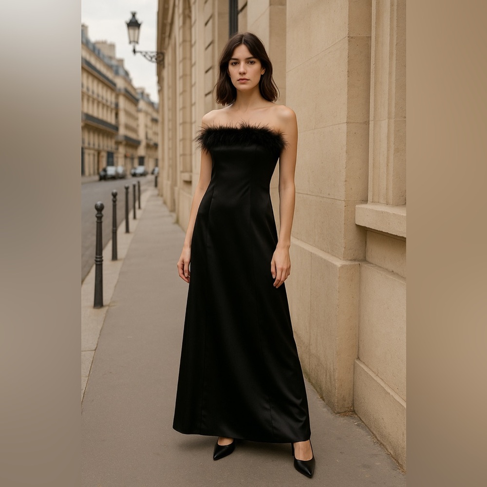 90s glam JUMP Classic corset Black Satin Feather Boa Trim Formal Gown dress